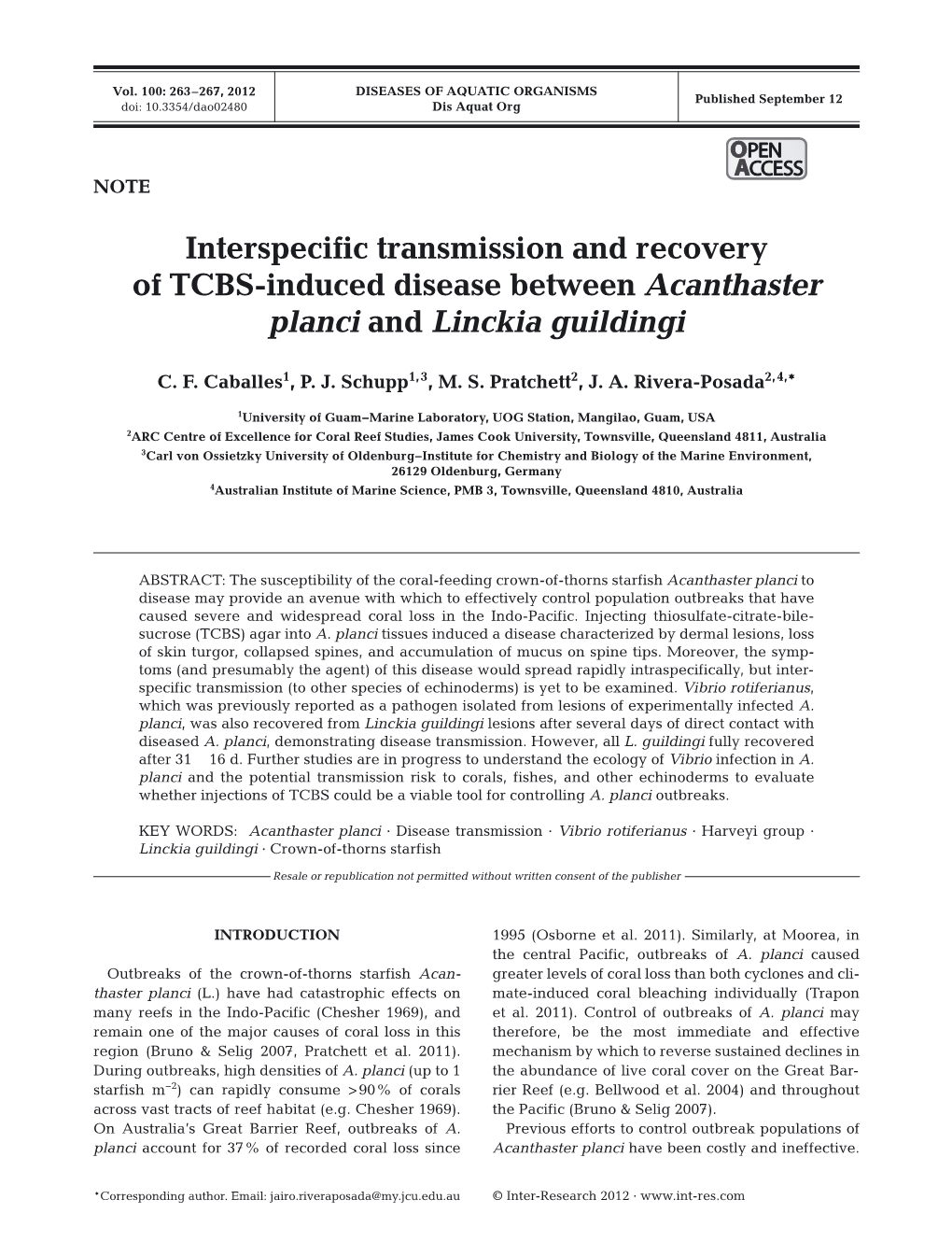 Interspecific Transmission and Recovery of TCBS-Induced Disease Between Acanthaster Planci and Linckia Guildingi