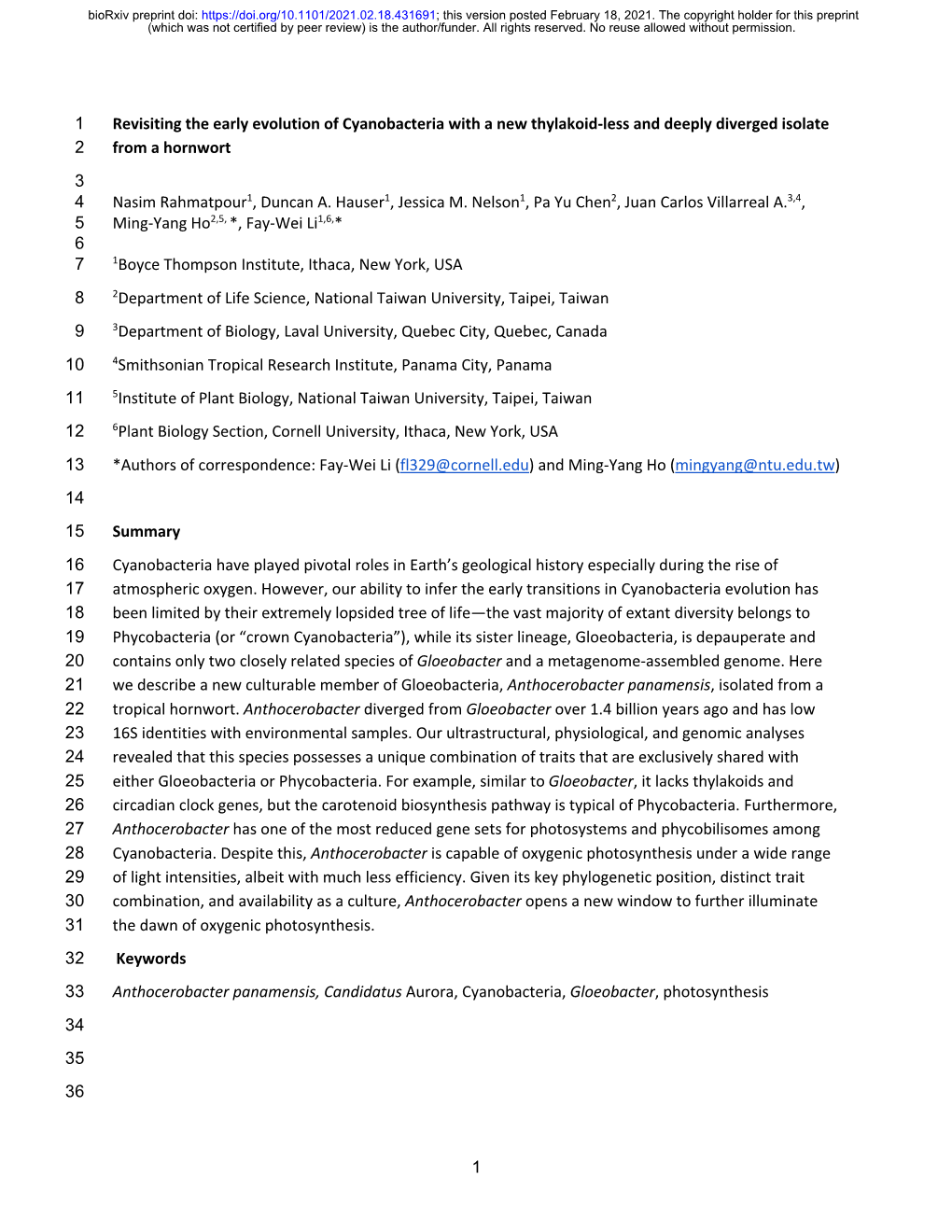 Revisiting the Early Evolution of Cyanobacteria with a New Thylakoid-Less and Deeply Diverged Isolate 2 from a Hornwort 3 4 Nasim Rahmatpour1, Duncan A