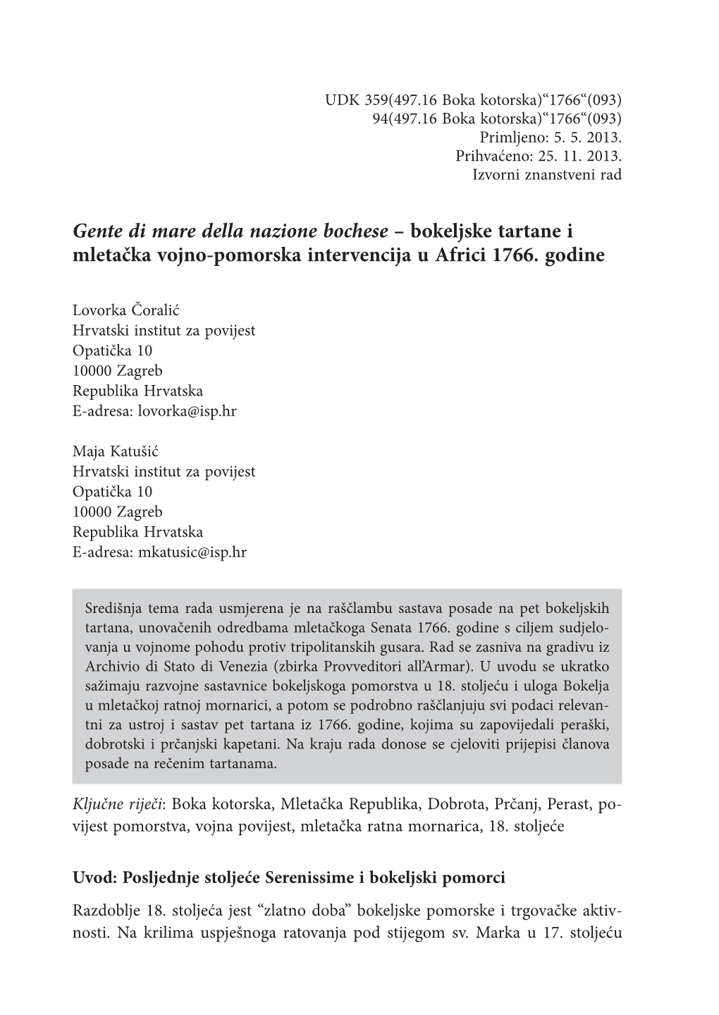 Gente Di Mare Della Nazione Bochese – Bokeljske Tartane I Mletačka Vojno-Pomorska Intervencija U Africi 1766