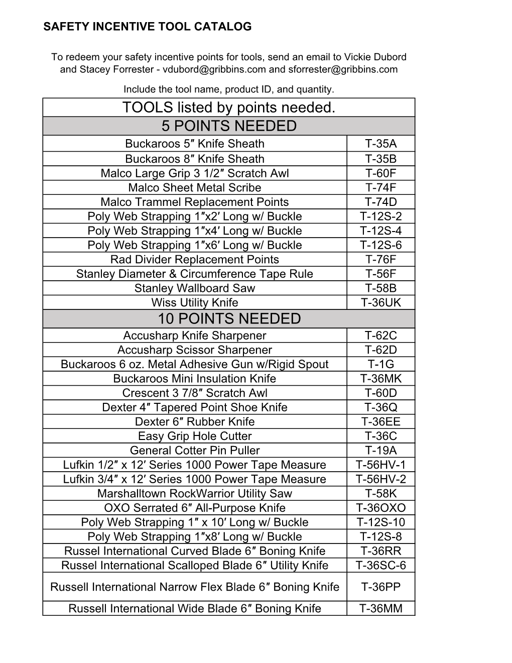 Gribbins Tool Catalog