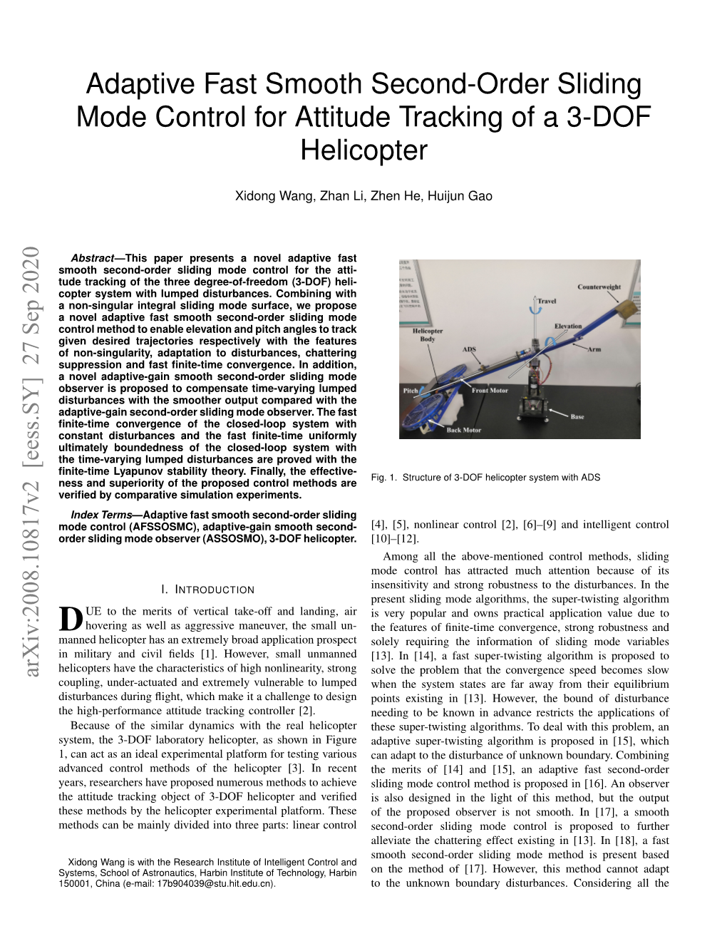 Adaptive Fast Smooth Second-Order Sliding Mode Control for Attitude Tracking of a 3-DOF Helicopter