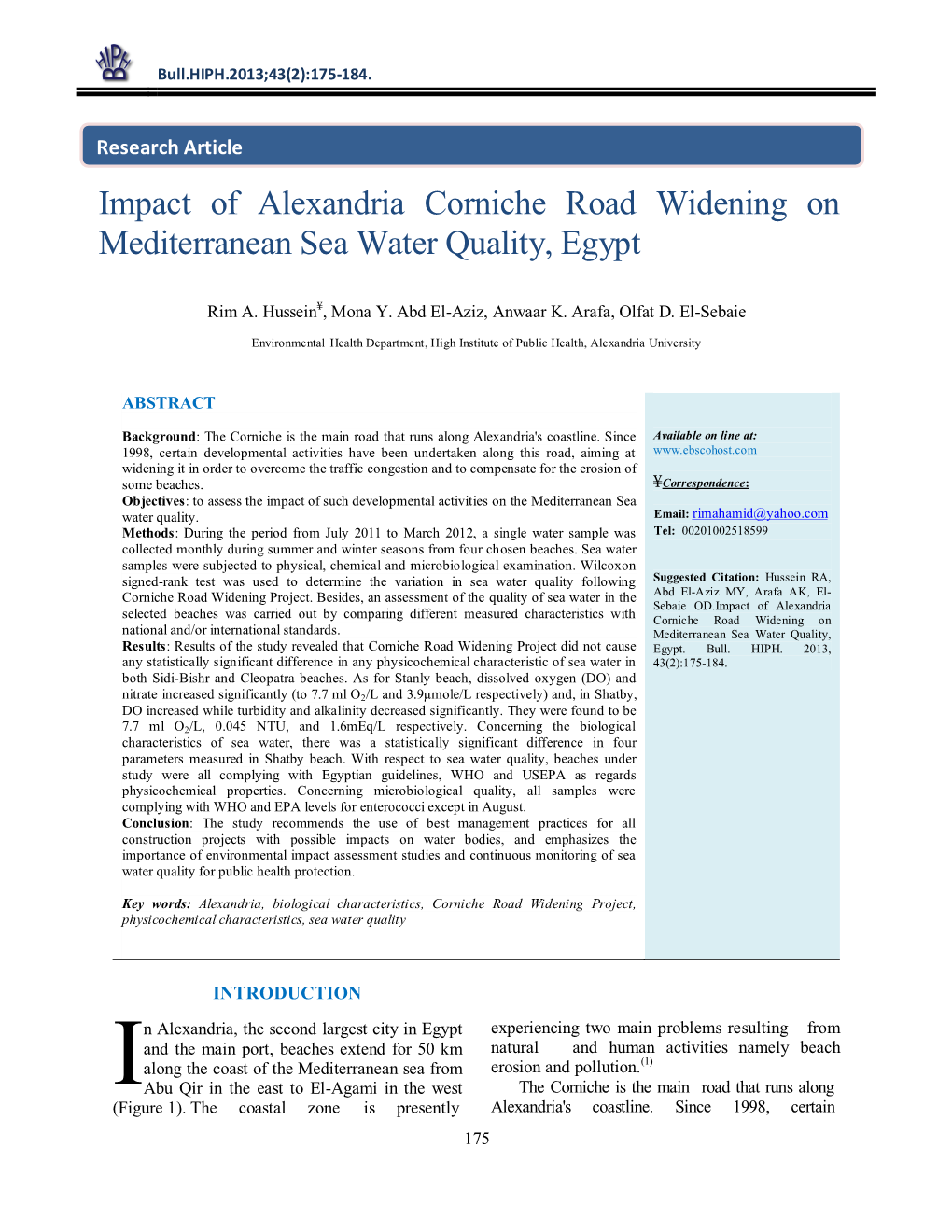 Impact of Alexandria Corniche Road Widening on Mediterranean Sea Water Quality, Egypt