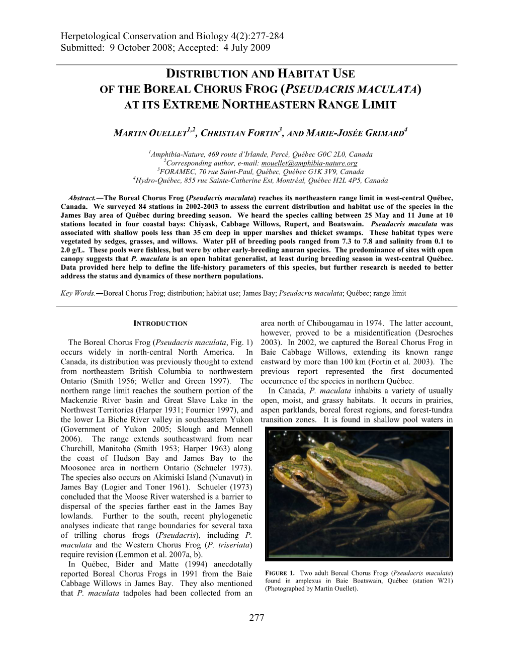 Distribution and Habitat Use of the Boreal Chorus Frog (Pseudacris Maculata) at Its Extreme Northeastern Range Limit