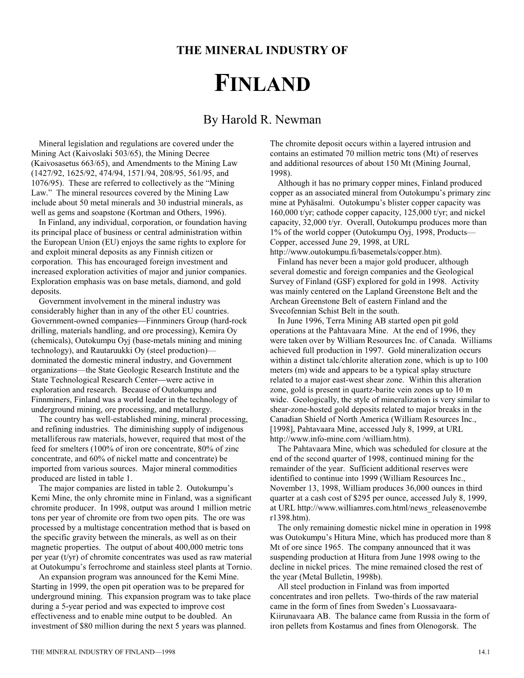 The Mineral Industry of Finland in 1998