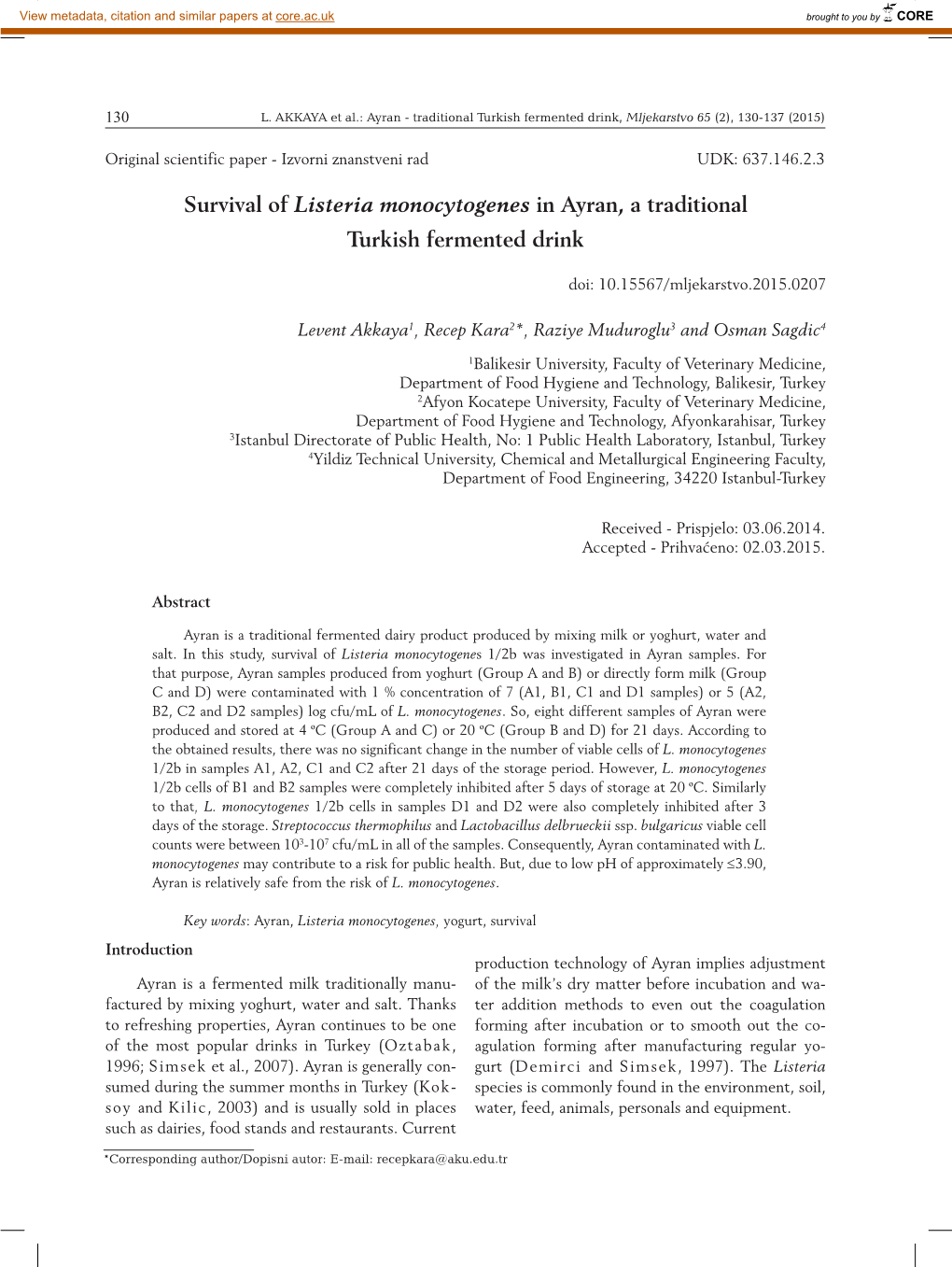 Survival of Listeria Monocytogenes in Ayran, a Traditional Turkish Fermented Drink