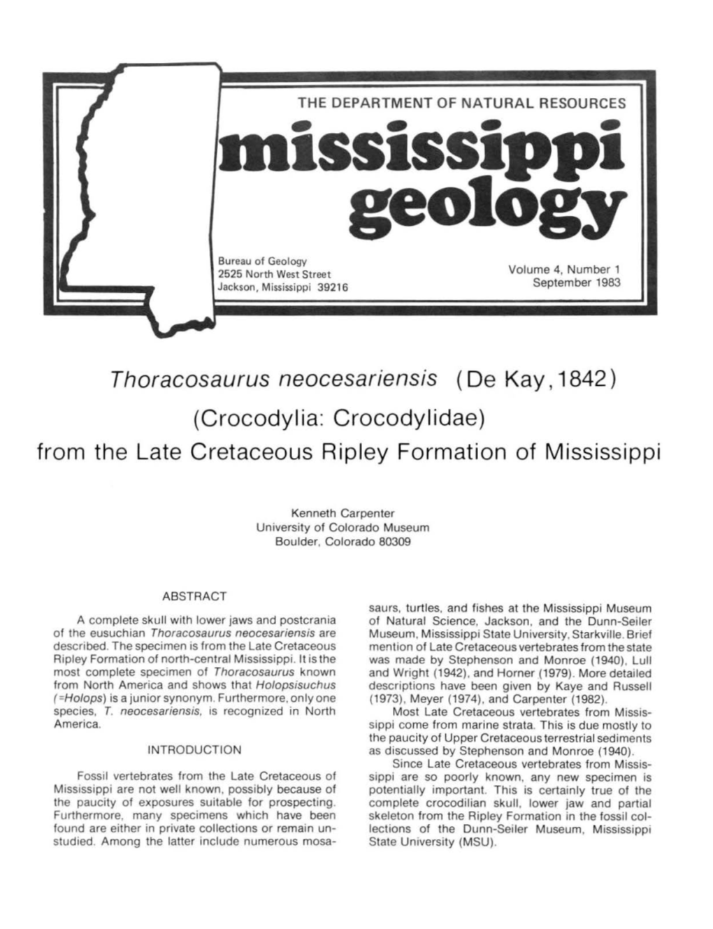 Thoracosaurus Neocesariensis (De Kay , 1842) (Crocodylia: Crocodylidae) from the Late Cretaceous Ripley Formation of M Ississippi