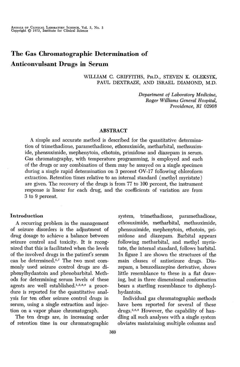 The Gas Chromatographic Determination of Anticonvulsant Drugs in Serum