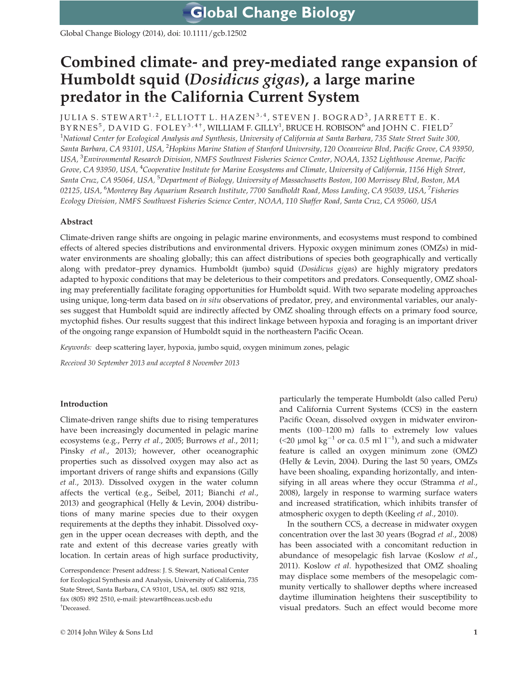 Combined Climate and Preymediated Range Expansion of Humboldt Squid (Dosidicus Gigas), a Large Marine Predator in the California