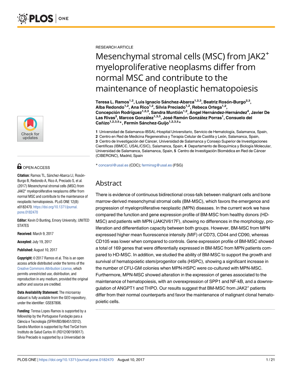 Mesenchymal Stromal Cells (MSC) from JAK2+ Myeloproliferative Neoplasms Differ from Normal MSC and Contribute to the Maintenance of Neoplastic Hematopoiesis