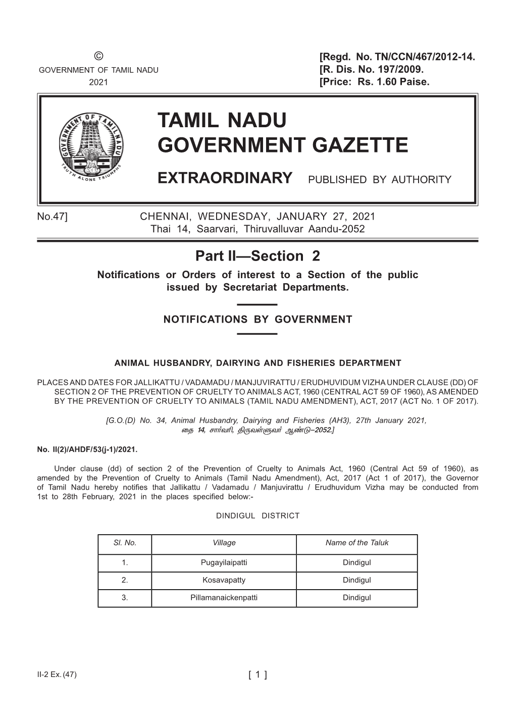 Tamil Nadu Government Gazette Extraordinary