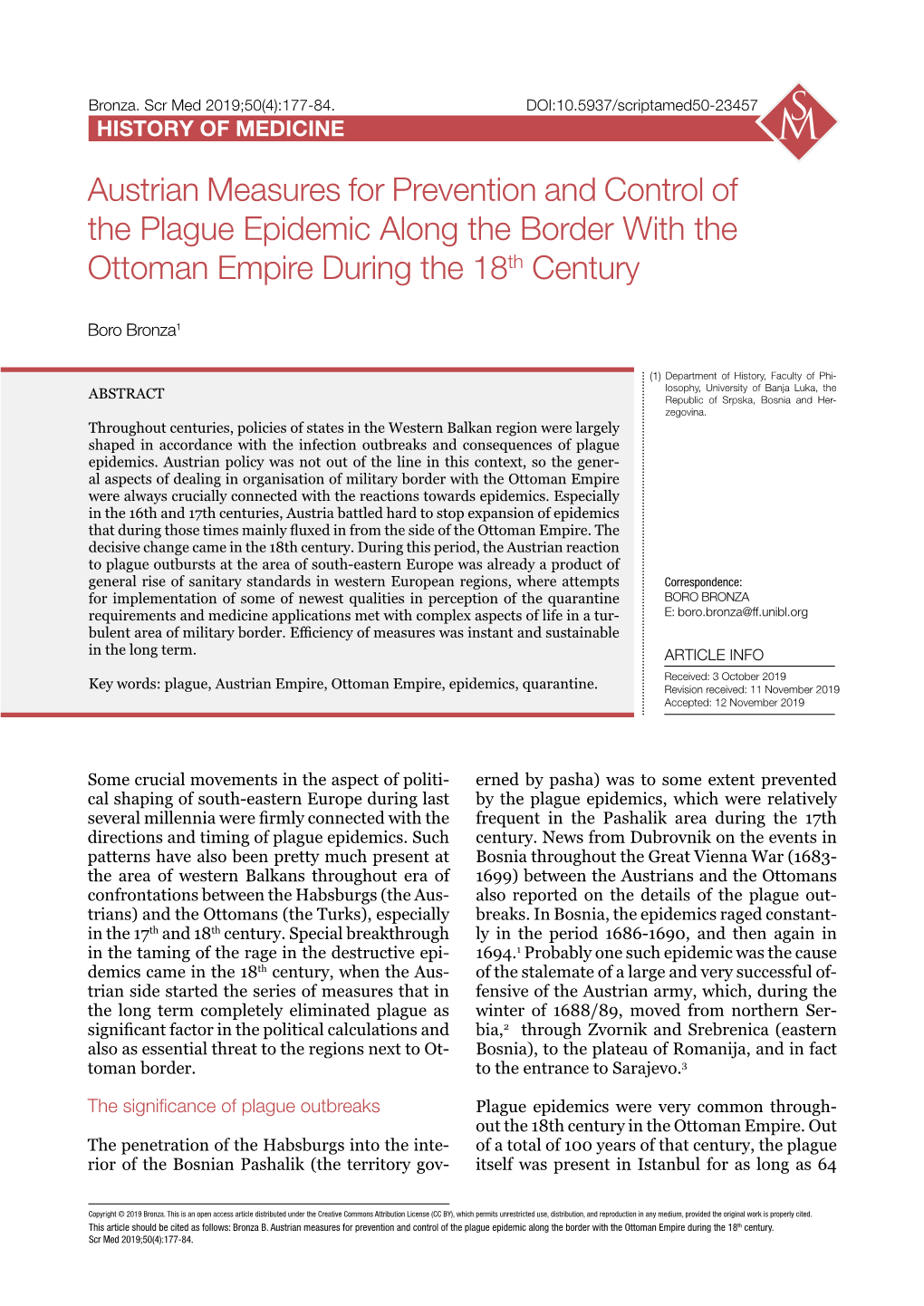 Austrian Measures for Prevention and Control of the Plague Epidemic Along the Border with the Ottoman Empire During the 18Th Century