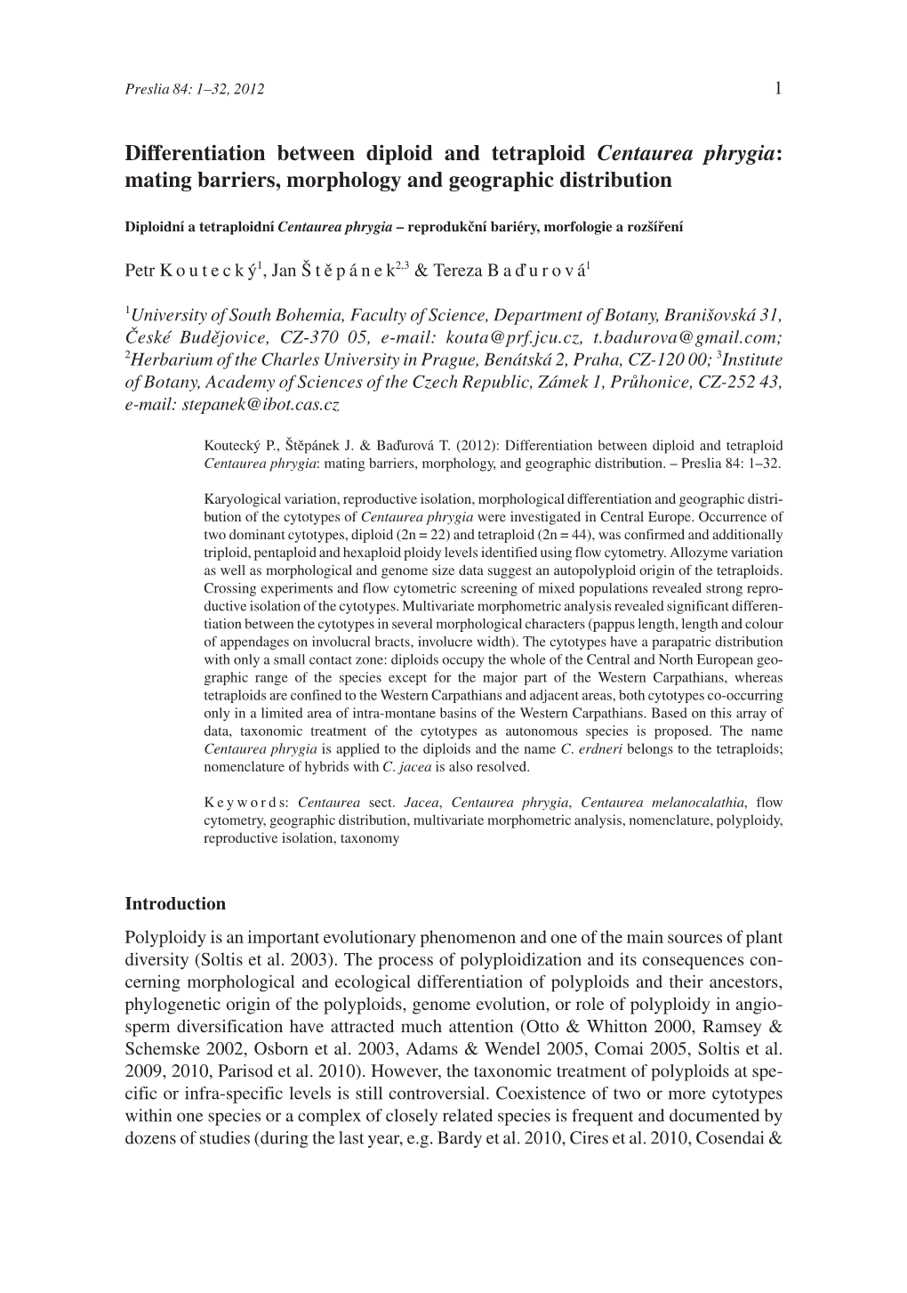 Differentiation Between Diploid and Tetraploid Centaurea Phrygia: Mating Barriers, Morphology and Geographic Distribution