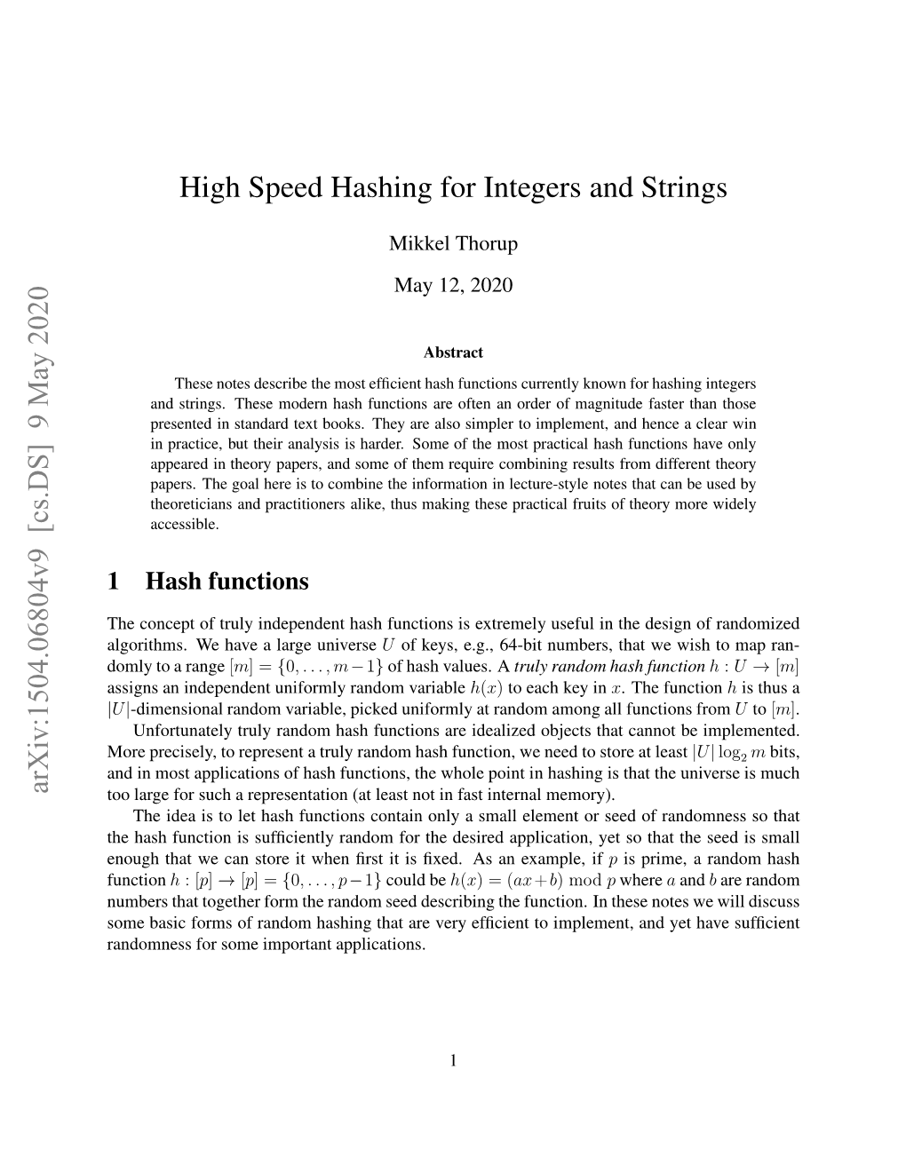 High Speed Hashing for Integers and Strings