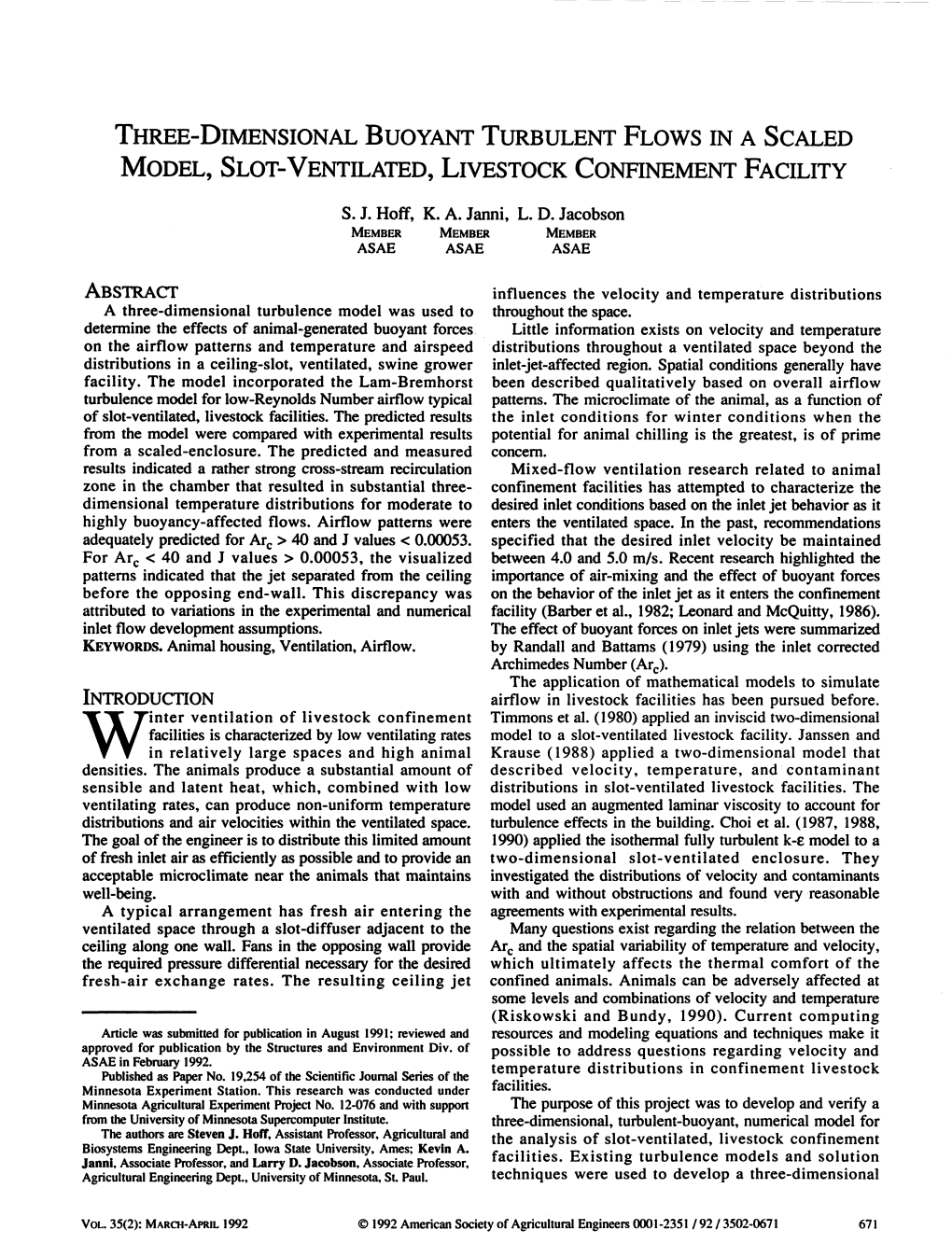 Three-Dimensional Buoyant Turbulent Flows in a Scaled Model, Slot-Ventilated, Livestock Conhnement Facility