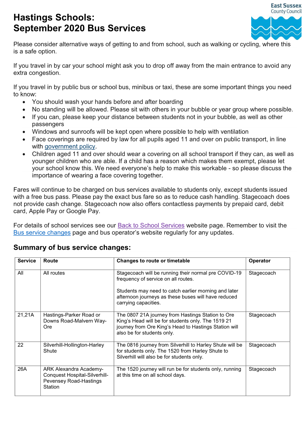 Hastings Schools: September 2020 Bus Services