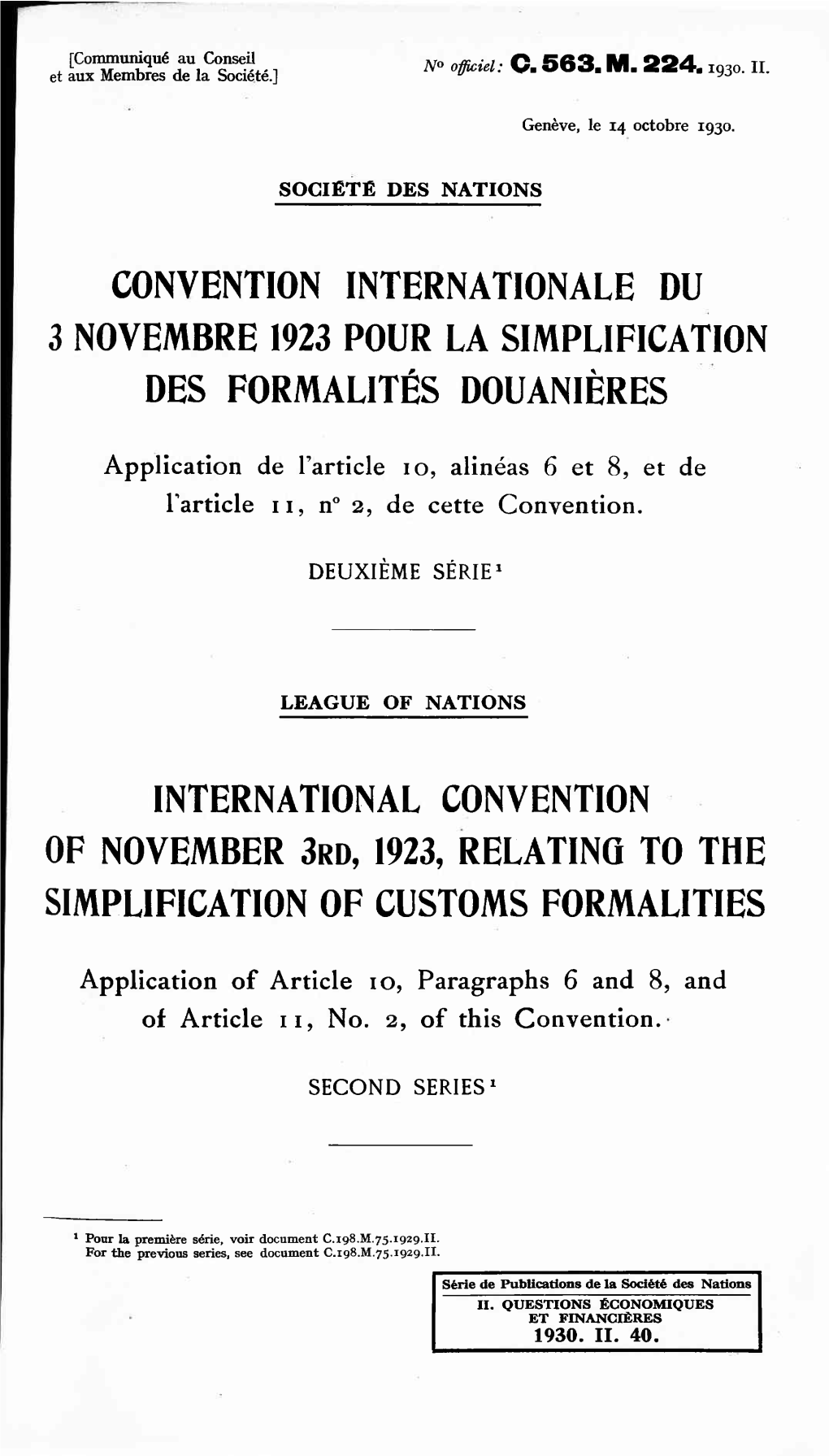 Convention Internationale Du 3 Novembre 1923 Pour La Simplification Des Formalités Douanières