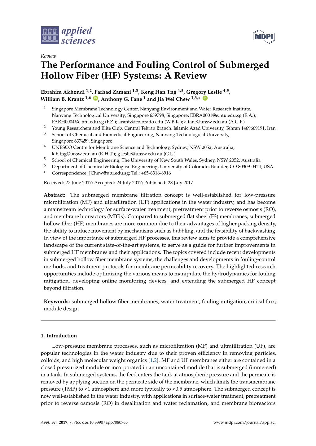 The Performance and Fouling Control of Submerged Hollow Fiber (HF) Systems: a Review