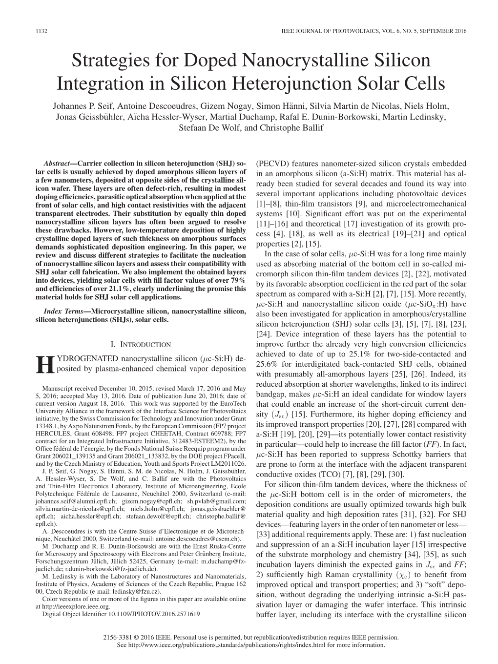 Strategies for Doped Nanocrystalline Silicon Integration in Silicon Heterojunction Solar Cells Johannes P