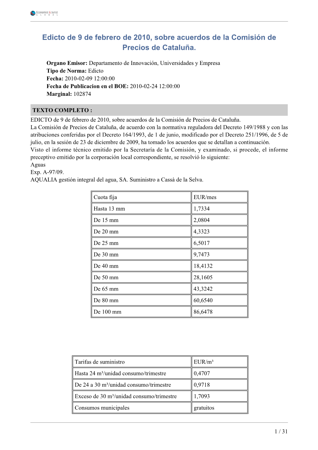 Edicto De 9 De Febrero De 2010, Sobre Acuerdos De La Comisión De Precios De Cataluña