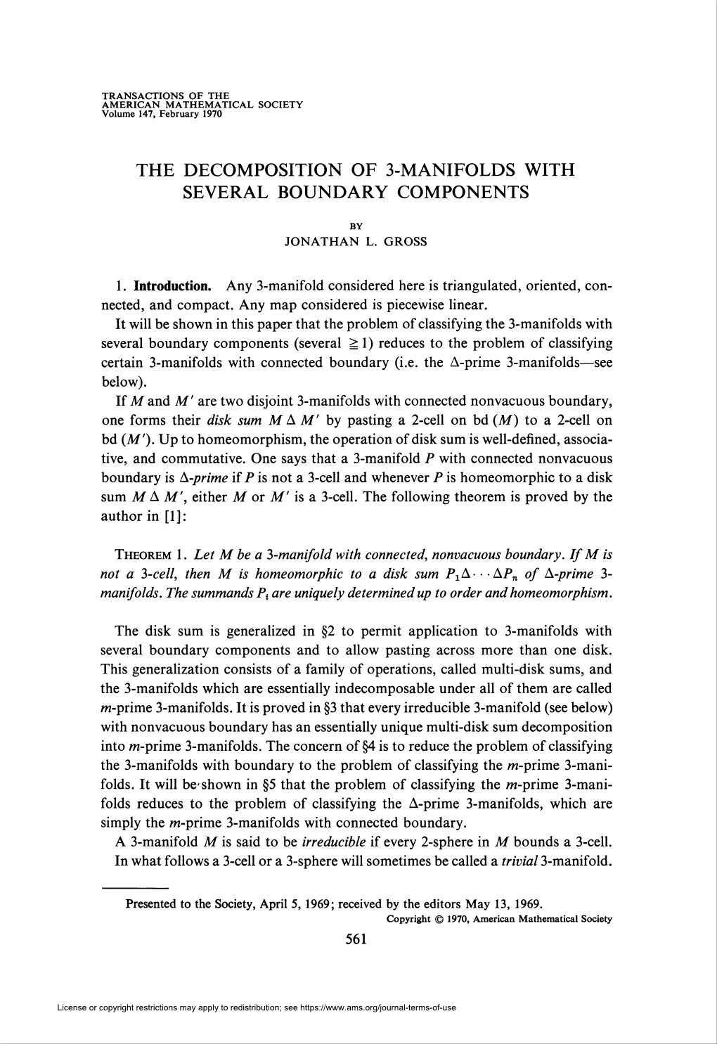 The Decomposition of 3-Manifolds with Several Boundary Components