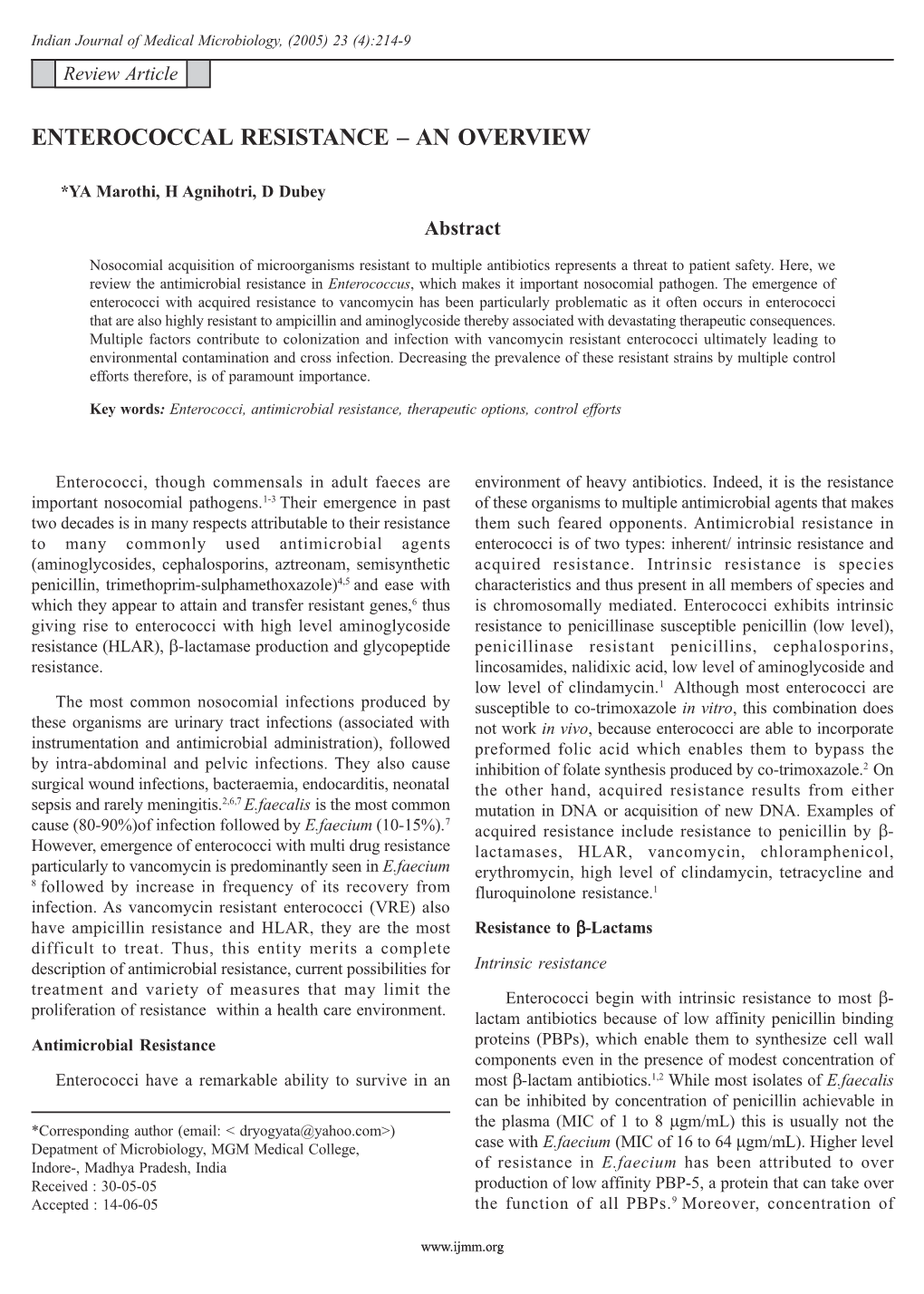 Enterococcal Resistance – an Overview