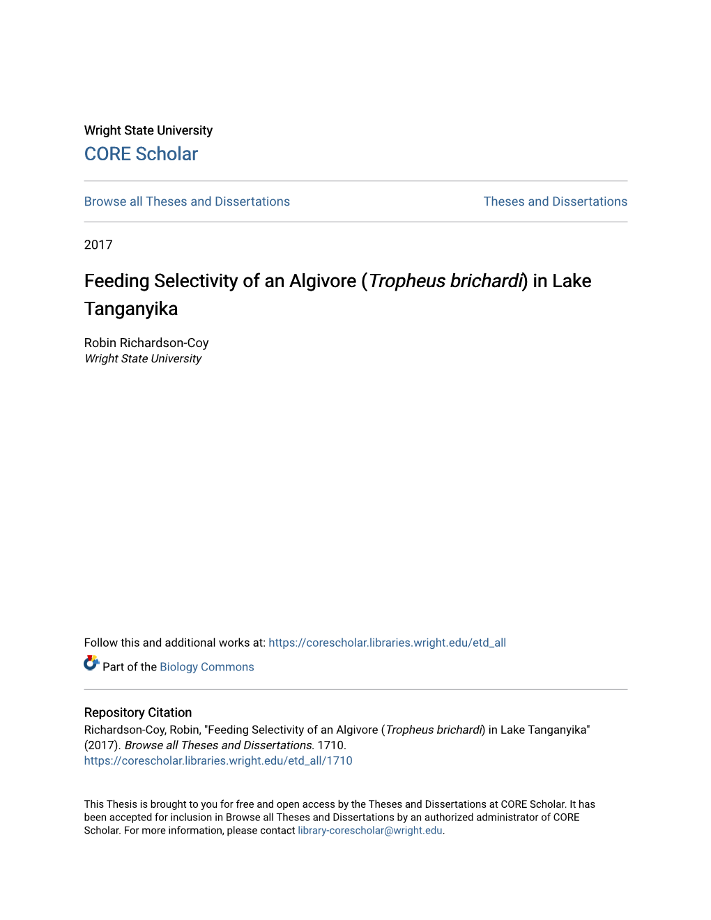 Feeding Selectivity of an Algivore (Tropheus Brichardi) in Lake Tanganyika