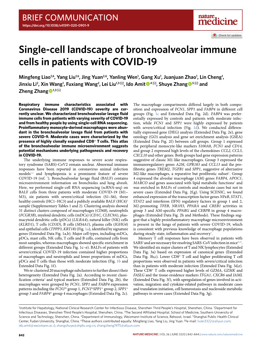 Single-Cell Landscape of Bronchoalveolar Immune Cells in Patients with COVID-19
