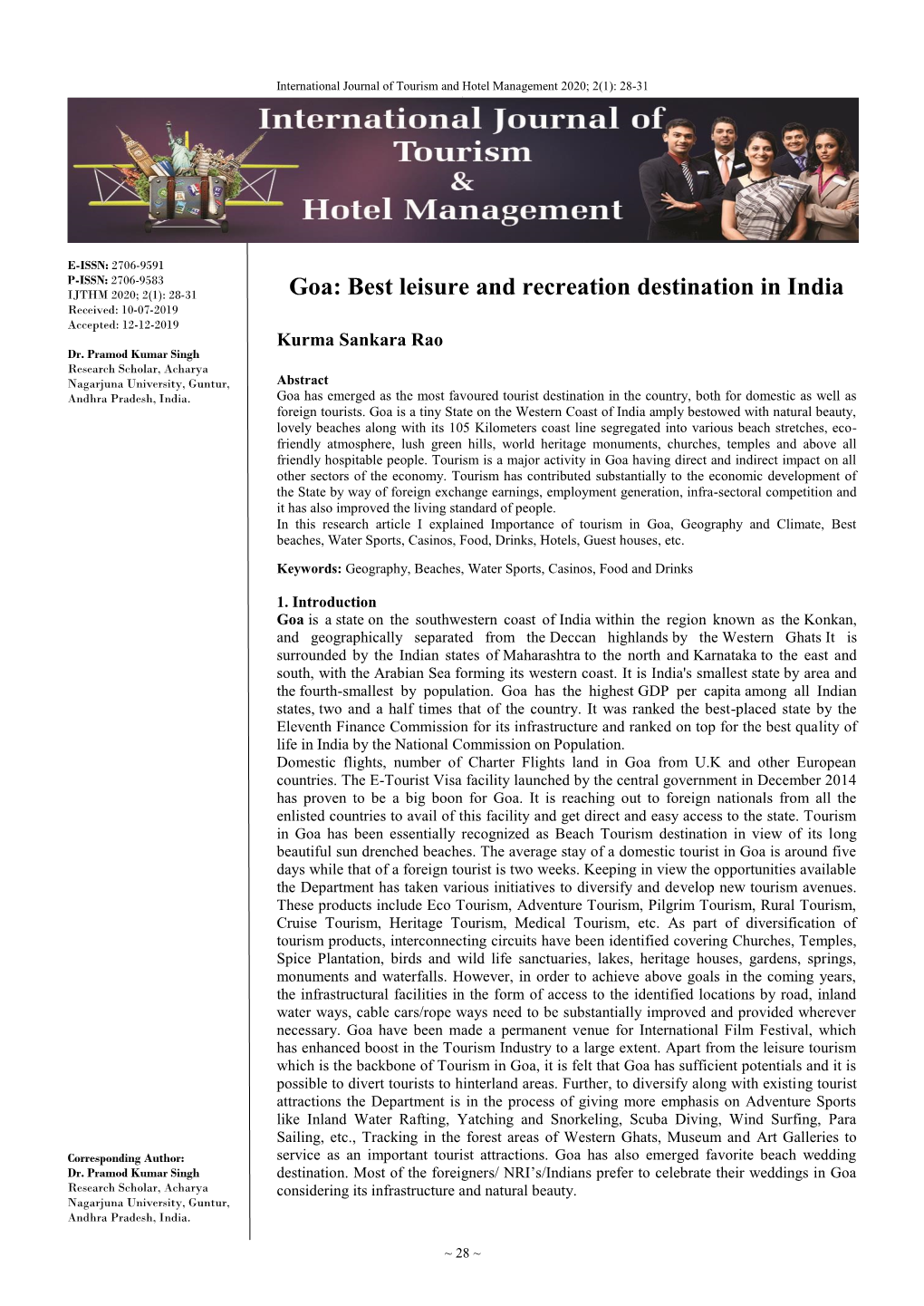 Goa: Best Leisure and Recreation Destination in India Received: 10-07-2019 Accepted: 12-12-2019 Kurma Sankara Rao Dr