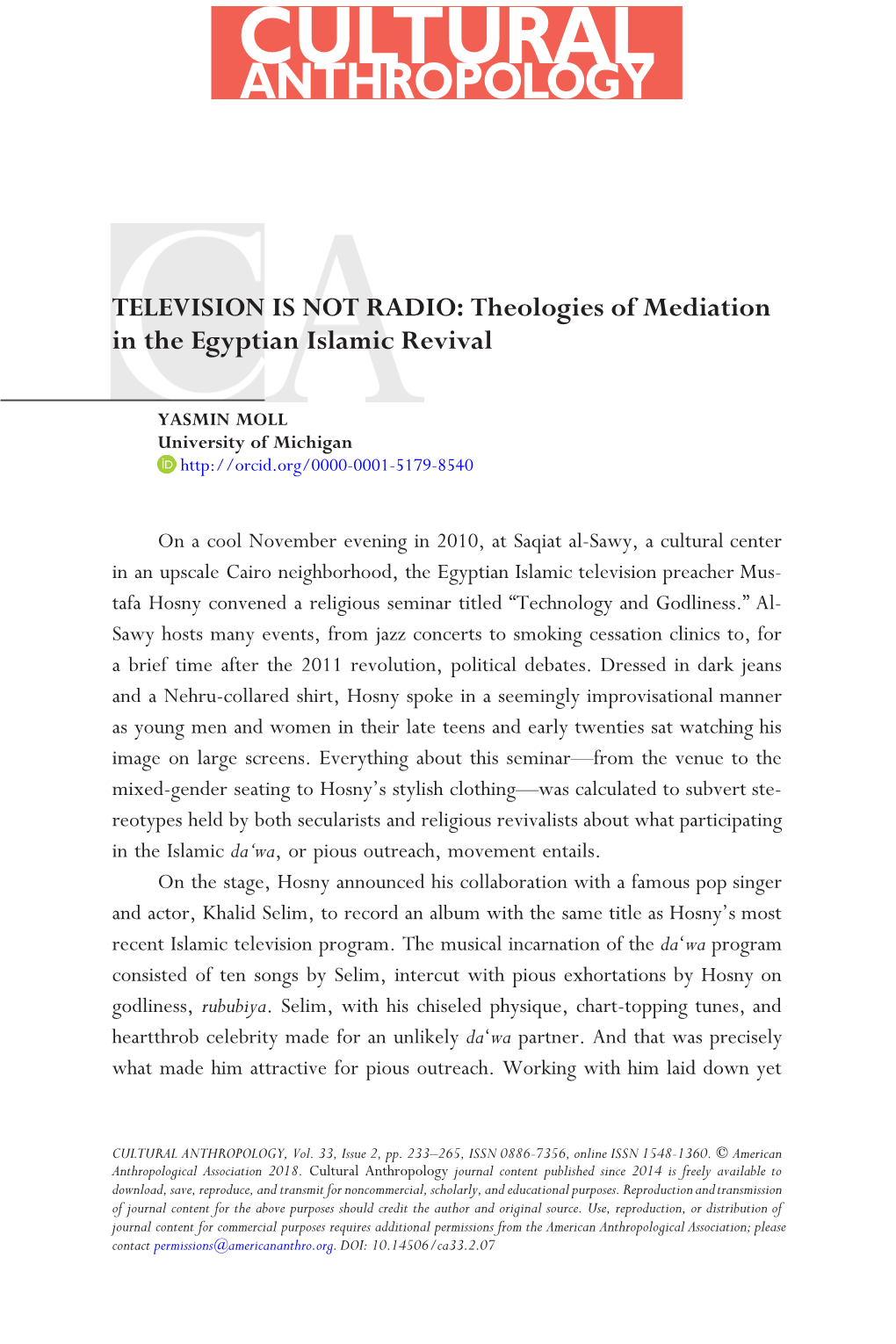 TELEVISION IS NOT RADIO: Theologies of Mediation in the Egyptian Islamic Revival
