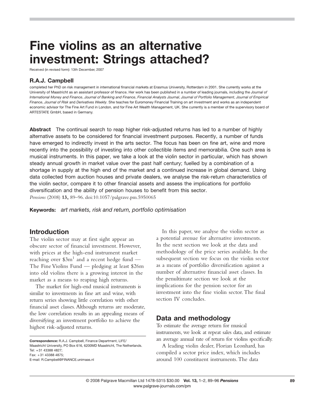 Fine Violins As an Alternative Investment: Strings Attached? Received (In Revised Form): 13Th December, 2007