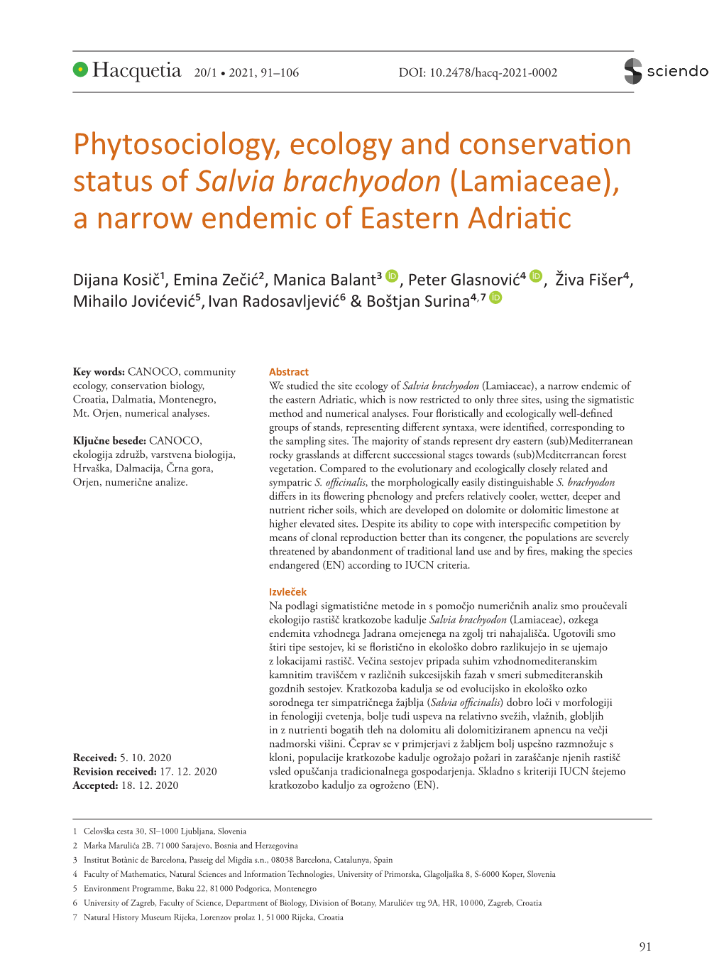 Phytosociology, Ecology and Conservation Status of Salvia Brachyodon (Lamiaceae), a Narrow Endemic of Eastern Adriatic