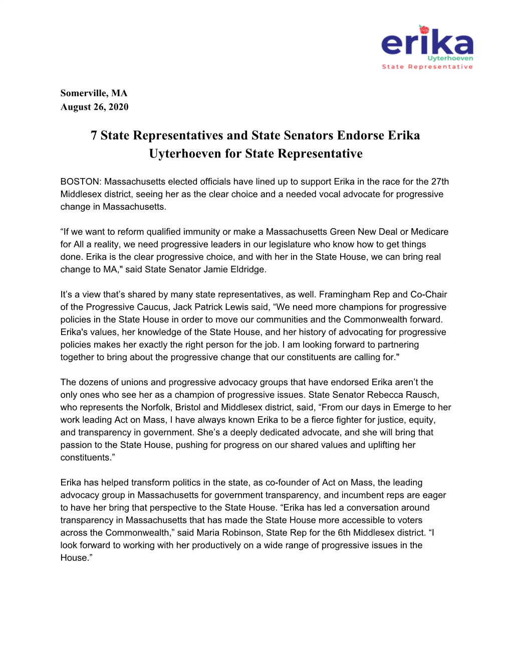 7 State Representatives and State Senators Endorse Erika Uyterhoeven for State Representative