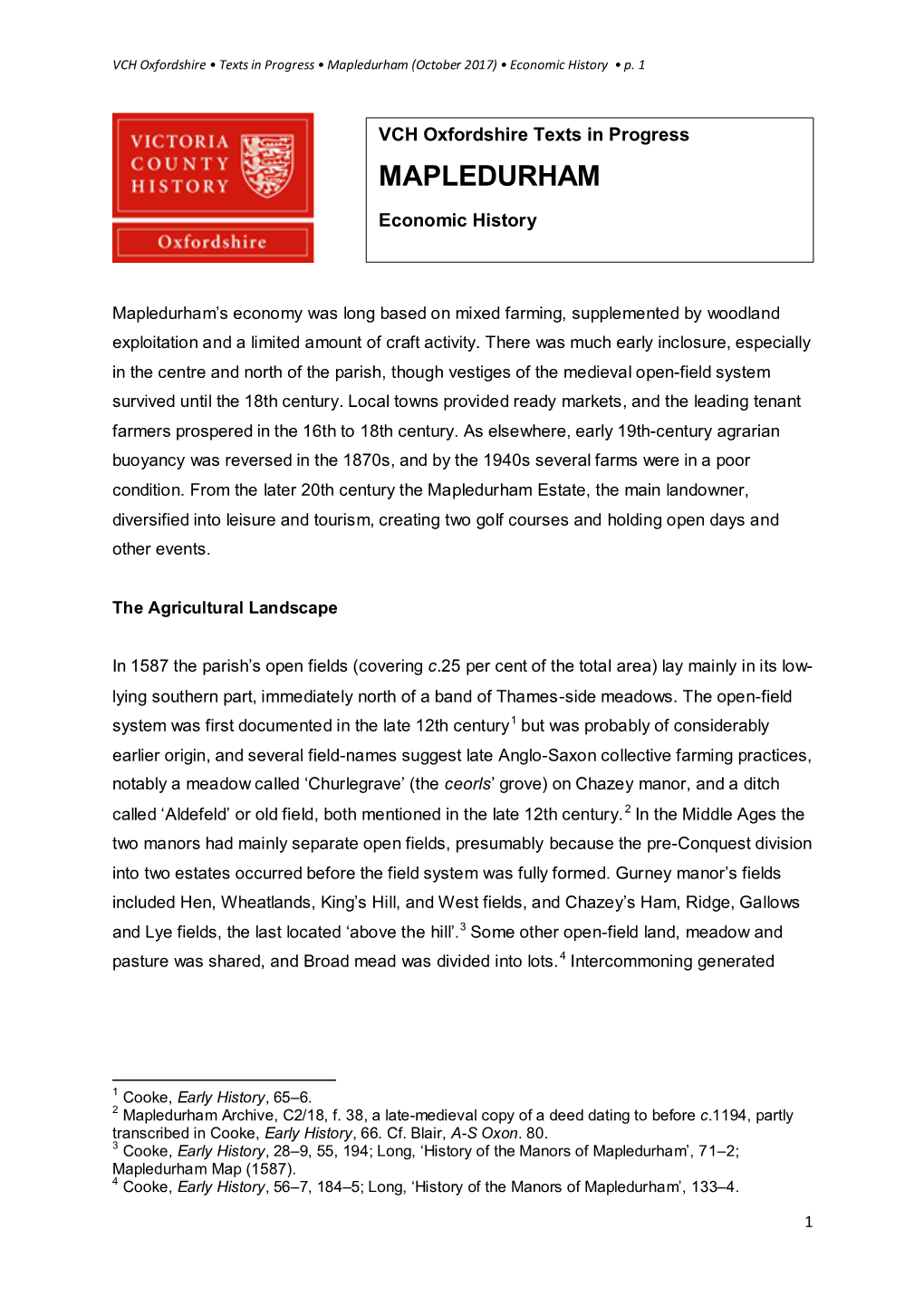 Mapledurham (October 2017) • Economic History • P