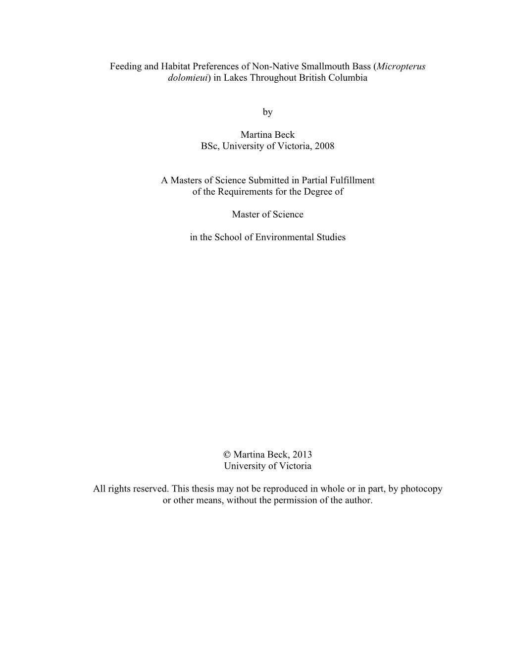 Feeding and Habitat Preferences of Non-Native Smallmouth Bass (Micropterus Dolomieui) in Lakes Throughout British Columbia