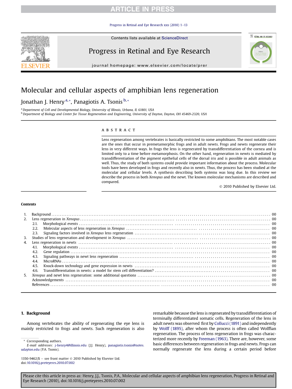 Molecular and Cellular Aspects of Amphibian Lens Regeneration