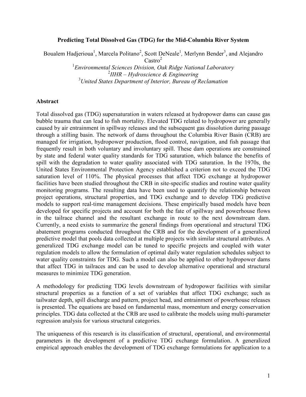 Predicting Total Dissolved Gas (TDG) for the Mid-Columbia River System