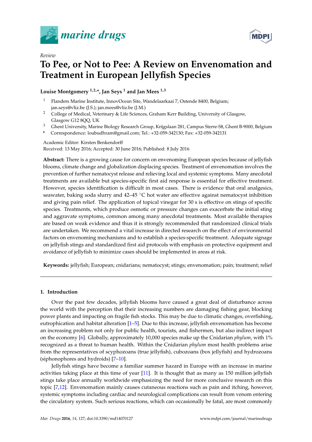 A Review on Envenomation and Treatment in European Jellyfish