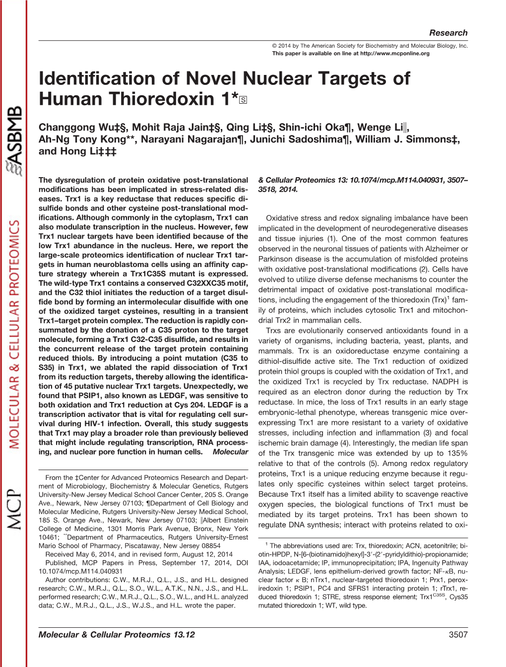 Identification of Novel Nuclear Targets of Human Thioredoxin 1*DS