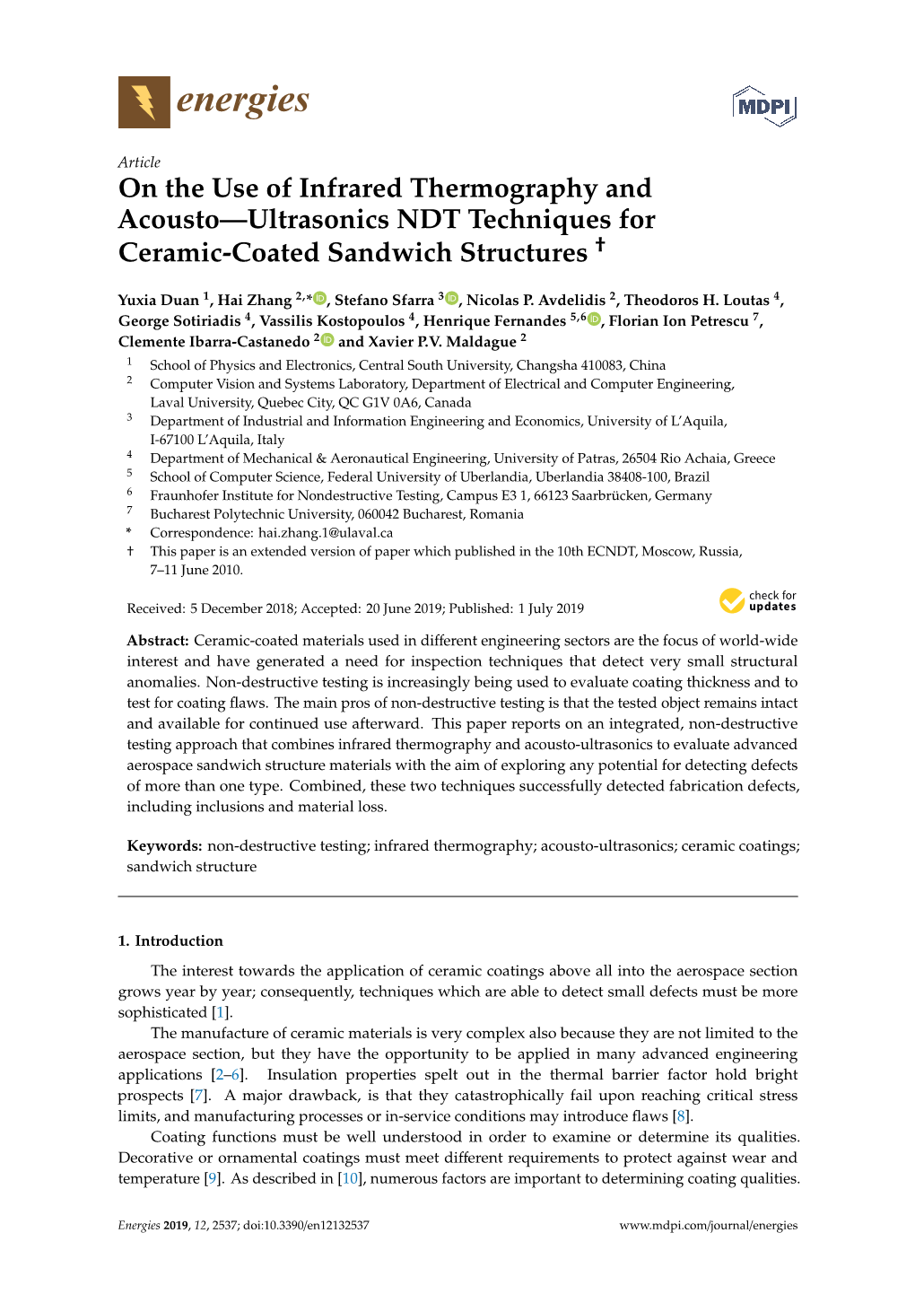 On the Use of Infrared Thermography and Acousto—Ultrasonics NDT Techniques for † Ceramic-Coated Sandwich Structures