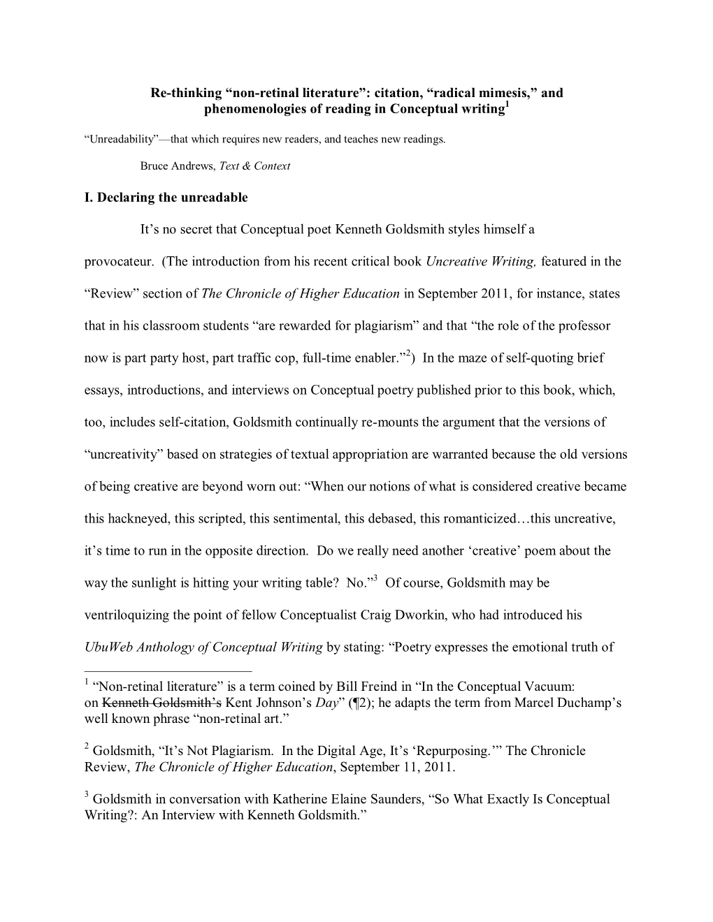 Re-Thinking “Non-Retinal Literature”: Citation, “Radical Mimesis,” and Phenomenologies of Reading in Conceptual Writing1