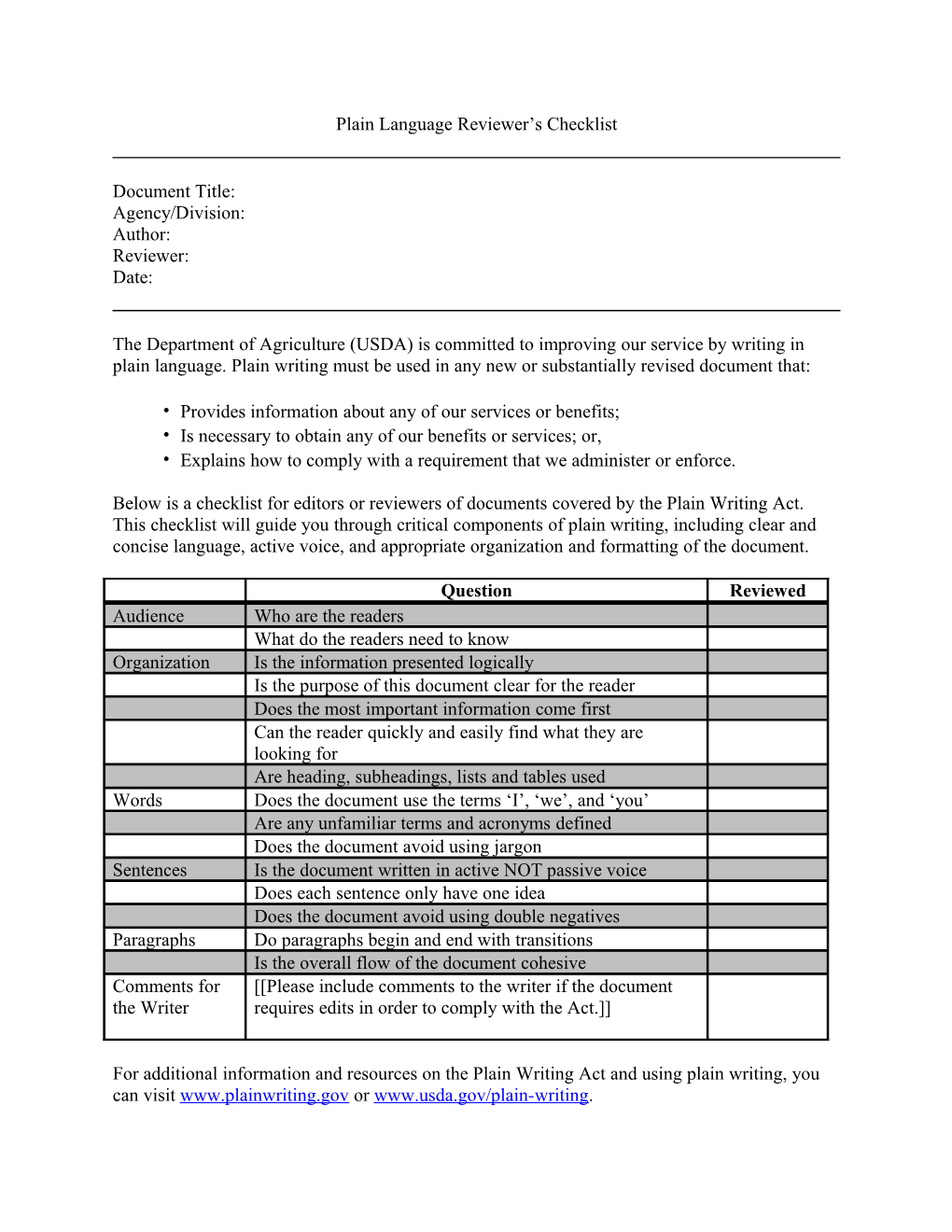 Plain Language Reviewer S Checklist