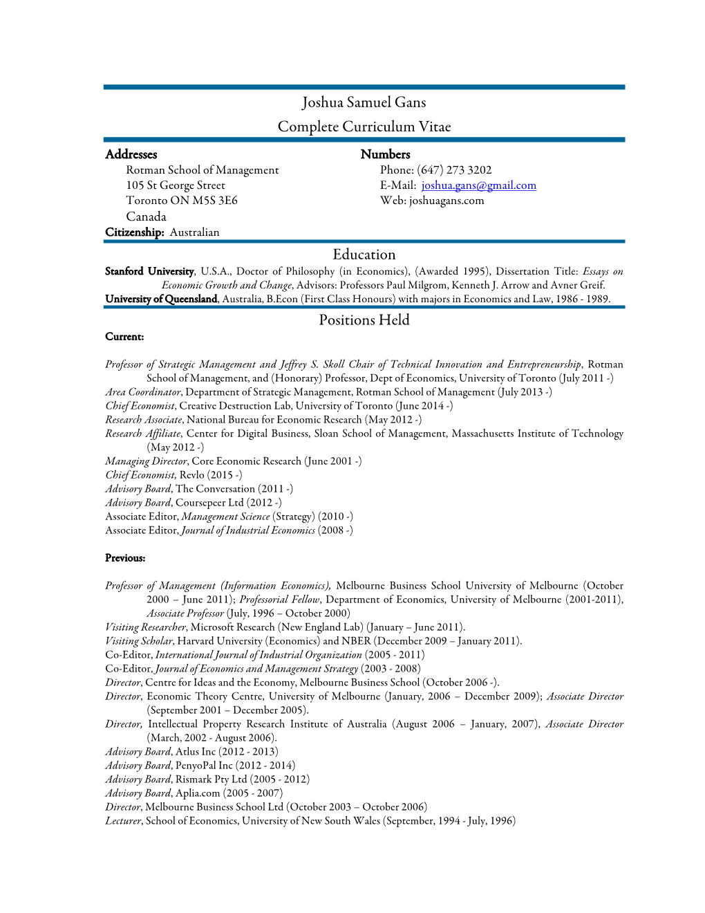 Joshua Samuel Gans Complete Curriculum Vitae