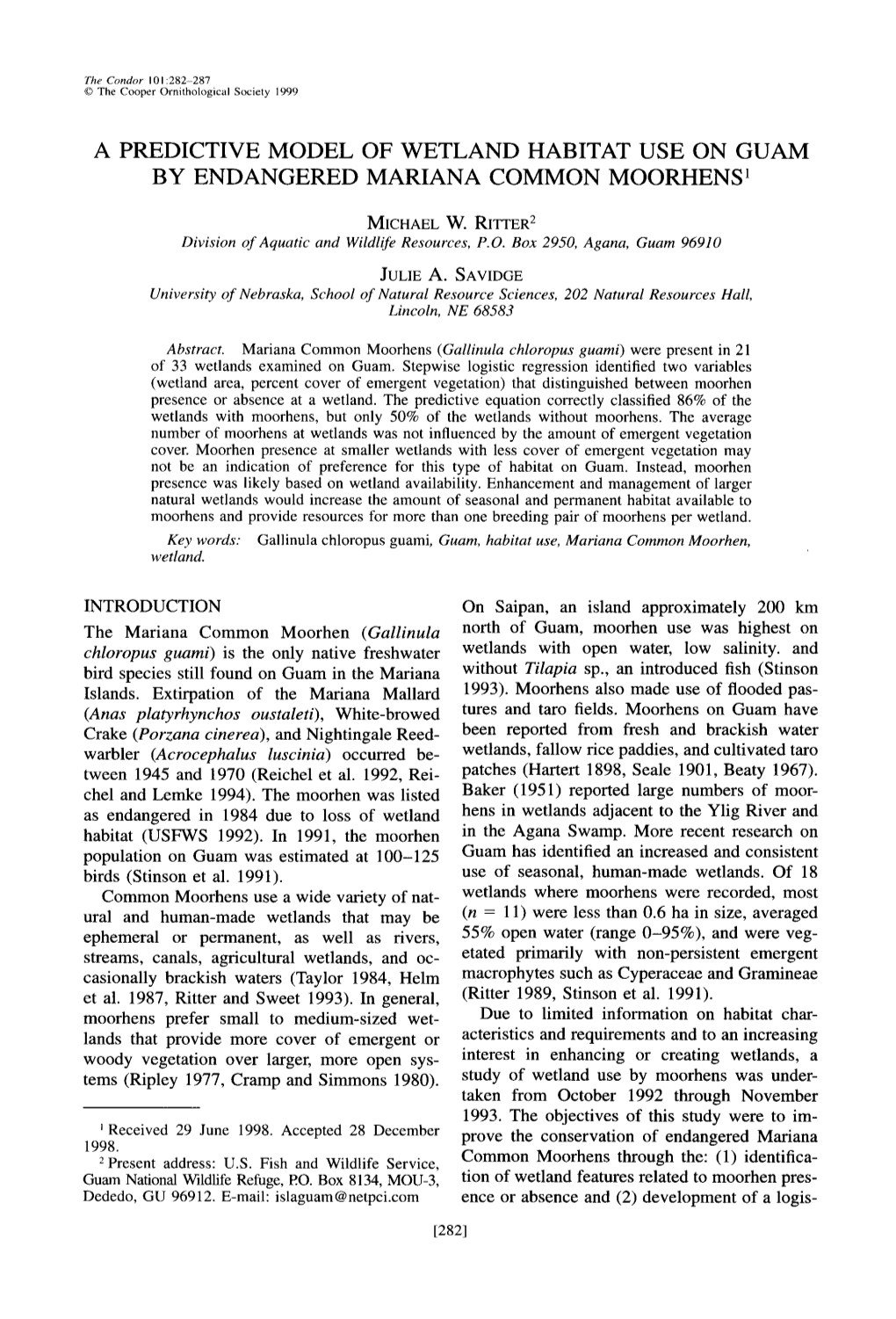 A Predictive Model of Wetland Habitat Use on Guam by Endangered Mariana Common Moorhens ’