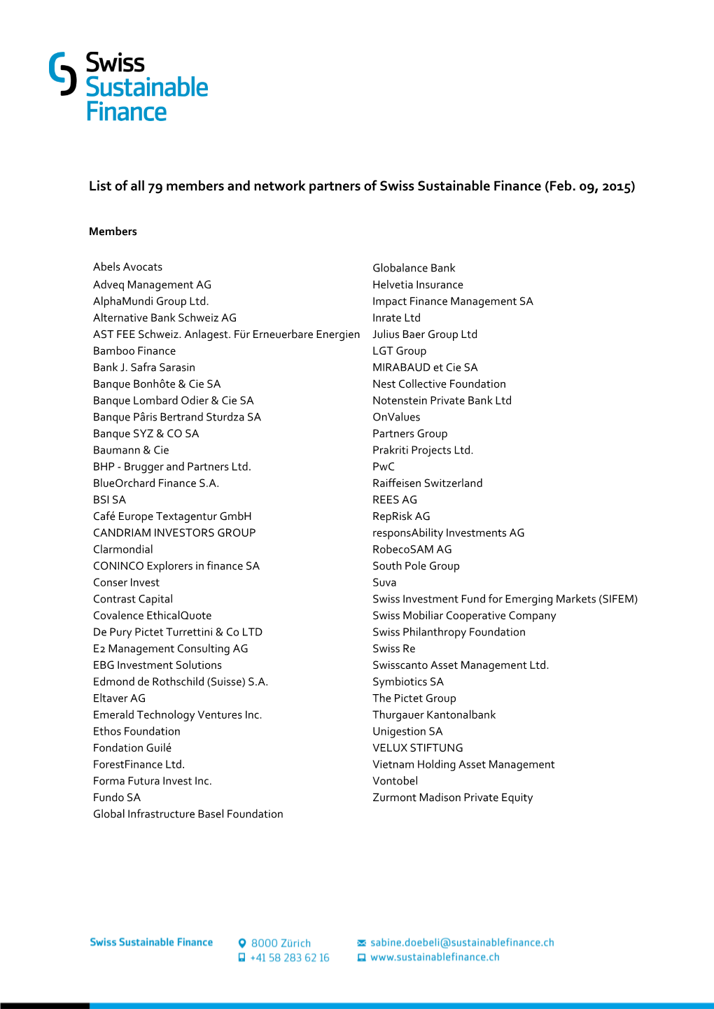 List of All 79 Members and Network Partners of Swiss Sustainable Finance (Feb