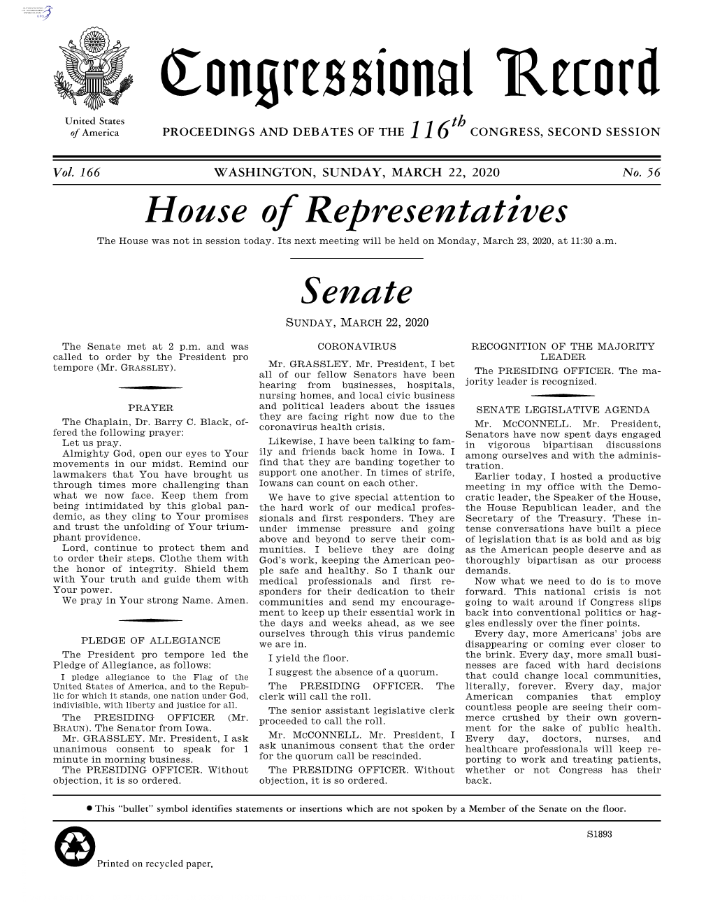 Congressional Record United States Th of America PROCEEDINGS and DEBATES of the 116 CONGRESS, SECOND SESSION