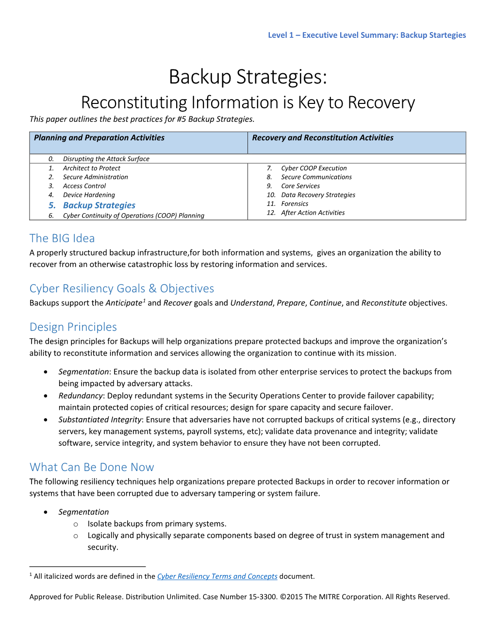 Backup Strategies: Reconstituting Information Is Key to Recovery This Paper Outlines the Best Practices for #5 Backup Strategies