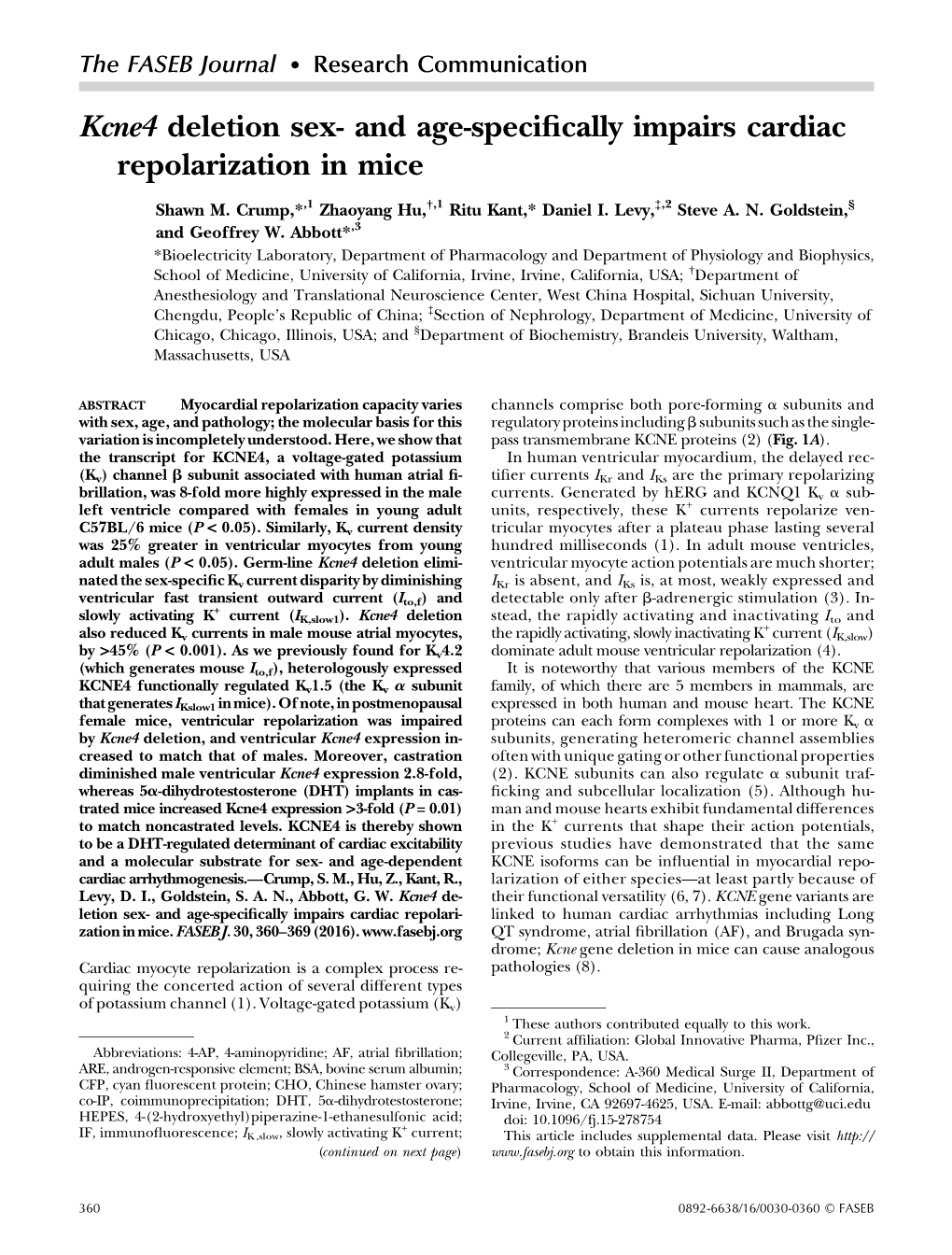 Kcne4 Deletion Sex- and Age-Specifically Impairs Cardiac