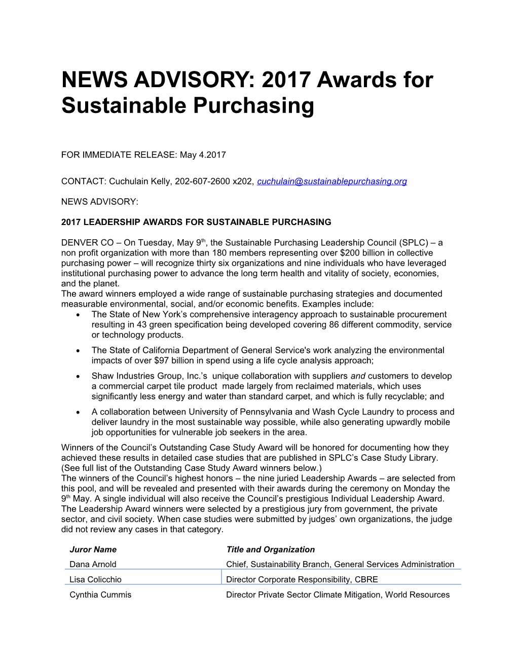 NEWS ADVISORY: 2017 Awards for Sustainable Purchasing