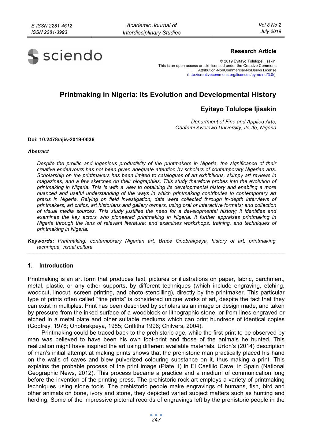 Printmaking in Nigeria: Its Evolution and Developmental History