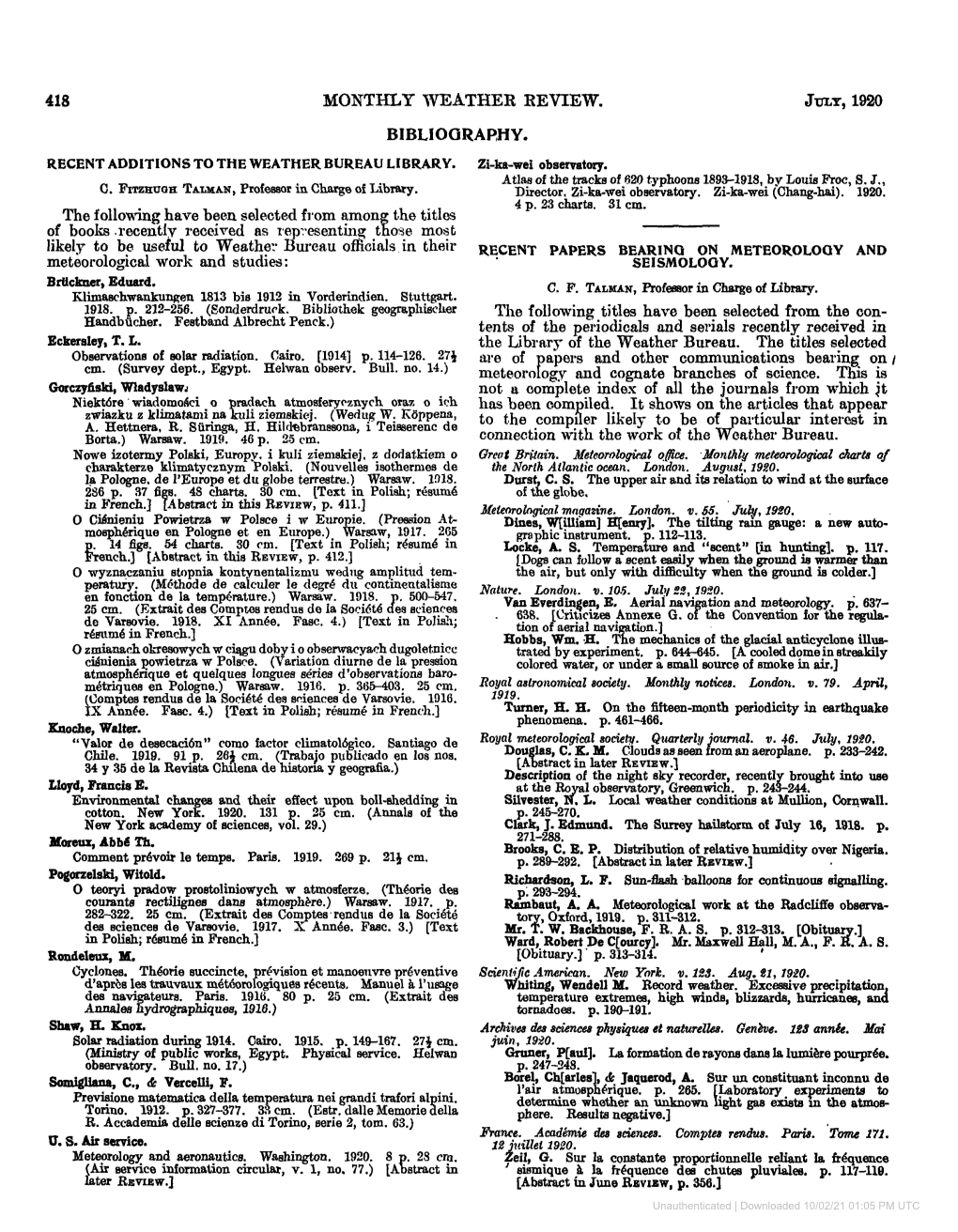 Monthly Weather Review. July, 1920